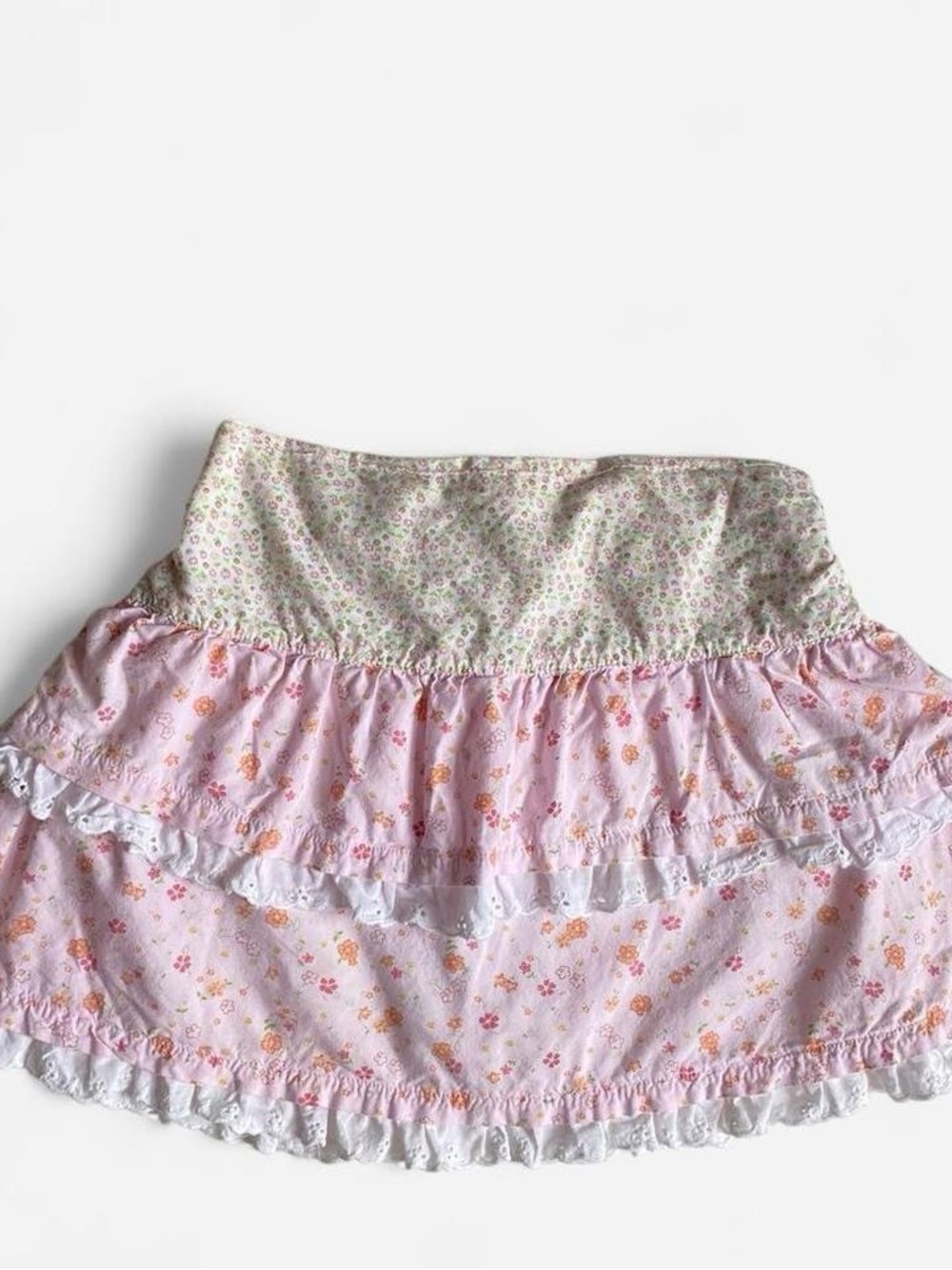 Girls tiered floral cotton skirt w/eyelet lace trim